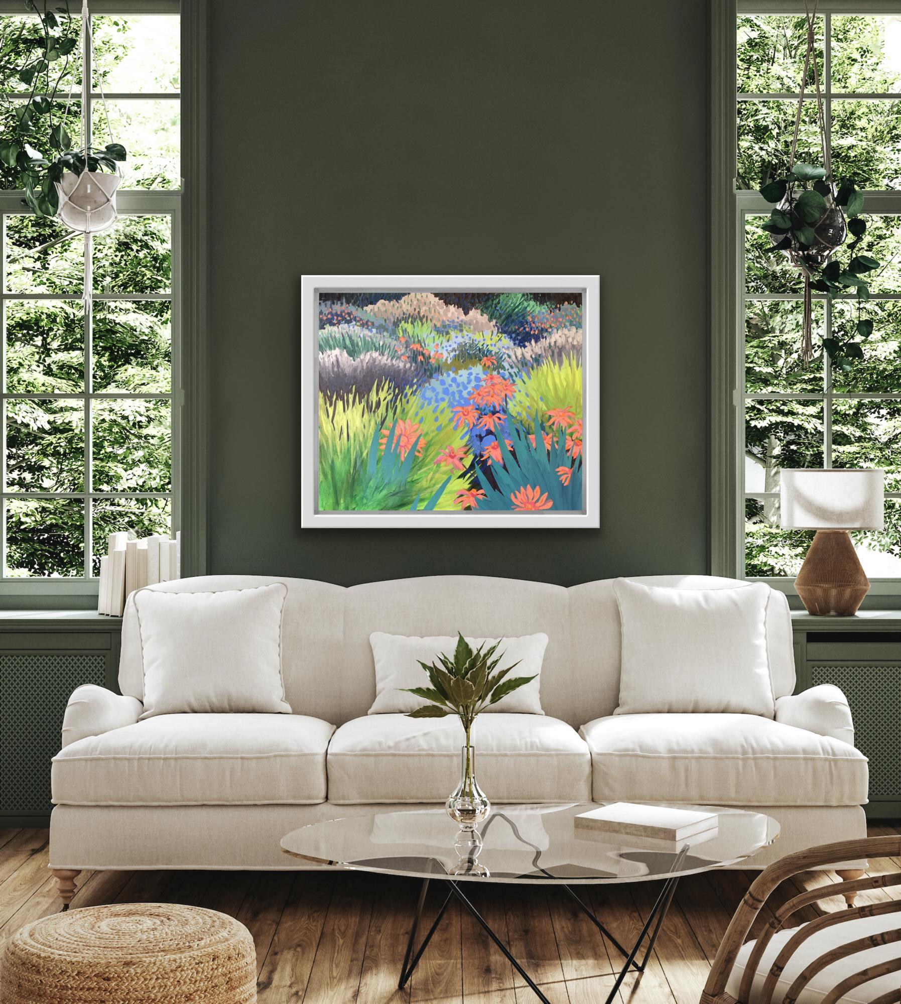 Jardin Crazy, Art floral semi-abstrait, Peinture de paysage vibrante, Nature morte - Painting de Rosemary Farrer