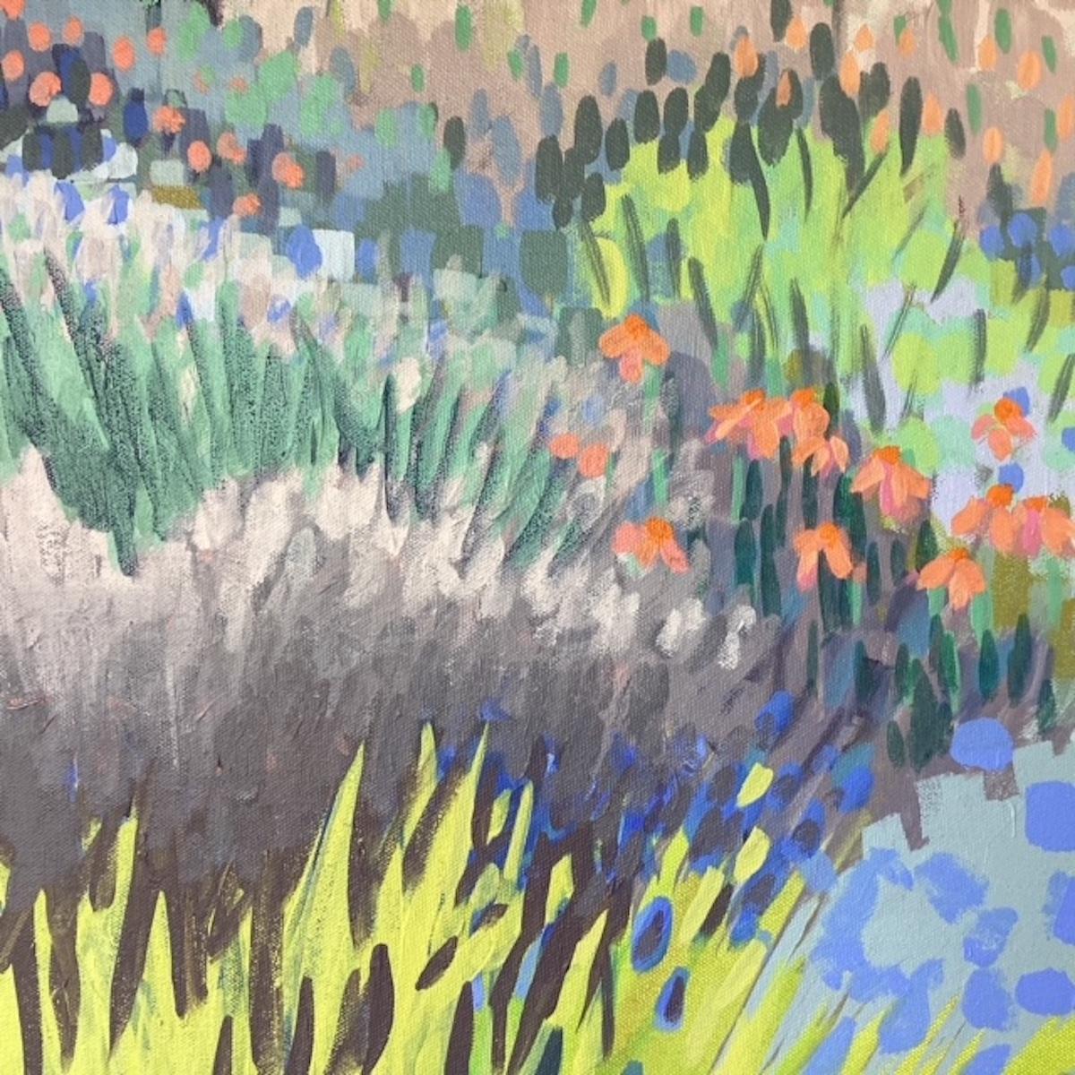 Crazy Garden est une peinture originale de Rosemary Farrer. Le dernier tableau d'une série qui évoque le moment où chaque plante est à son apogée, en pleine croissance exubérante. Tropical et d'un autre monde, le réalisme magique dans un jardin