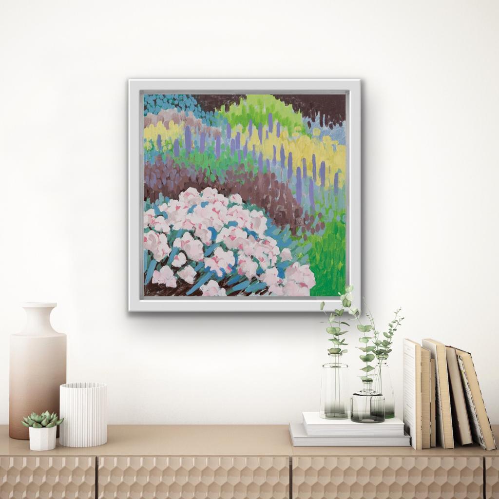 Alta estate, pittura floreale in stile impressionista, arte paesaggistica naïf, luminoso - Painting di Rosemary Farrer
