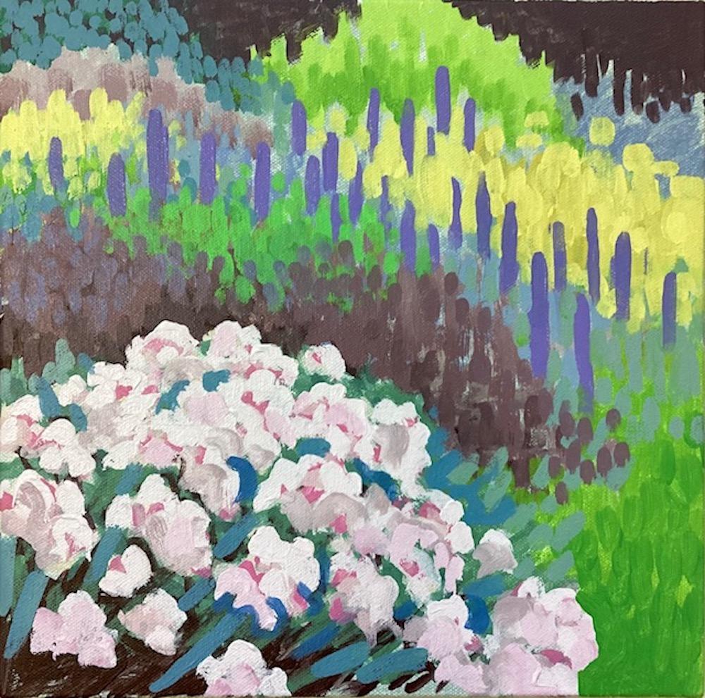 Figurative Painting Rosemary Farrer - High Summer, peinture florale impressionniste, art de paysage naïf, Bright