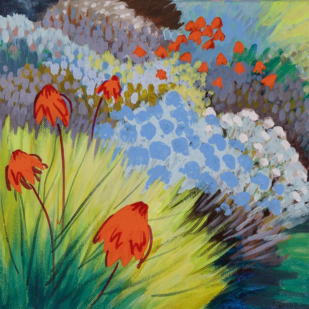 Landscape Painting Rosemary Farrer - Étincelants orange, Art floral, peinture impressionniste, art orange et bleu