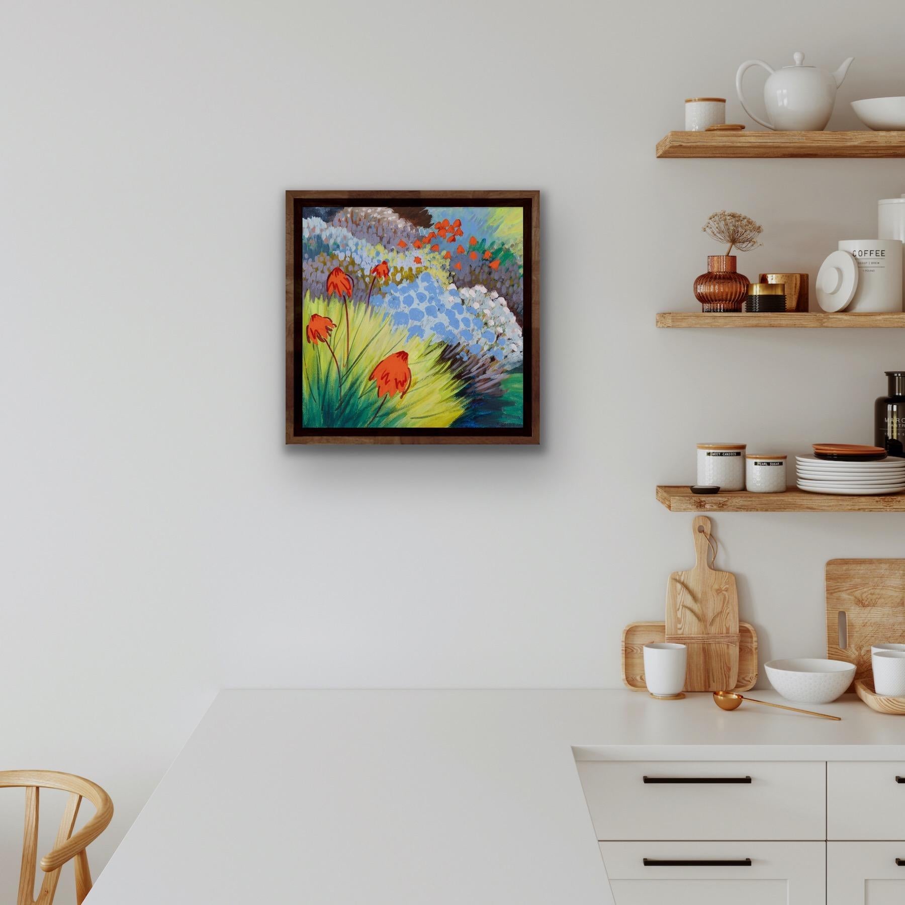 Étincelants orange, Art floral, peinture impressionniste, art orange et bleu - Painting de Rosemary Farrer