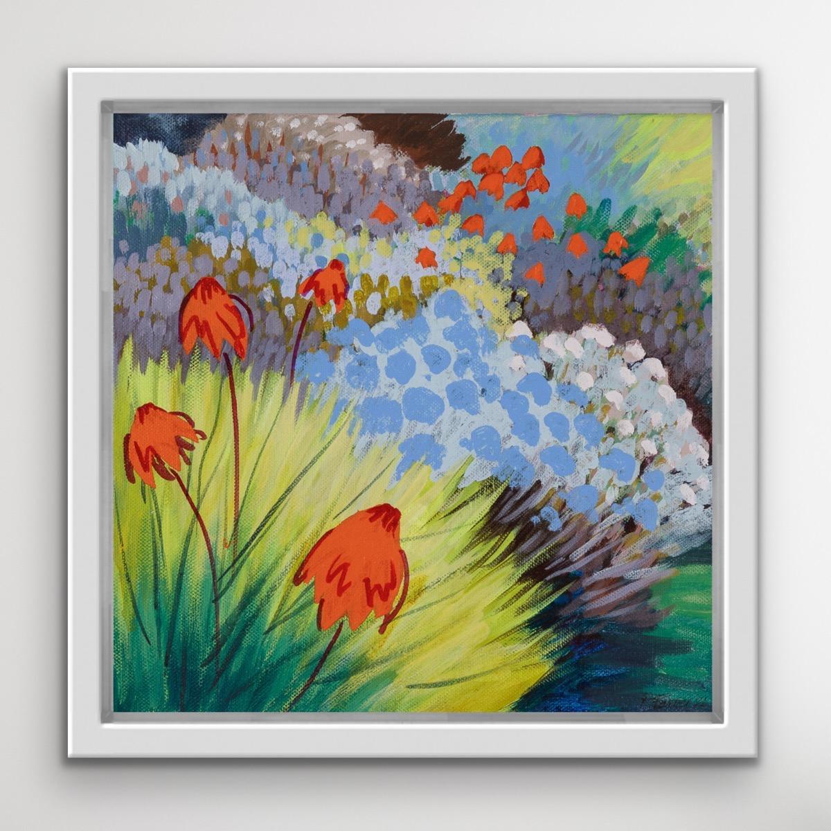 Orange Sparklers is an original painting by Rosemary Farrer. Painted on a warm glowing day in late summer orange flowers dance through the border, floating over the cooler greys, greens and blues. The rich jewel colours express the peak of late