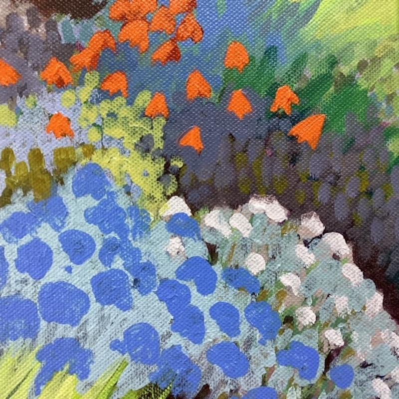 Étincelants orange, Art floral, peinture impressionniste, art orange et bleu - Impressionnisme Painting par Rosemary Farrer