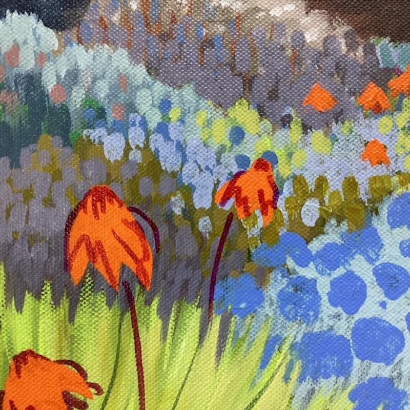 Étincelants orange, Art floral, peinture impressionniste, art orange et bleu - Gris Landscape Painting par Rosemary Farrer