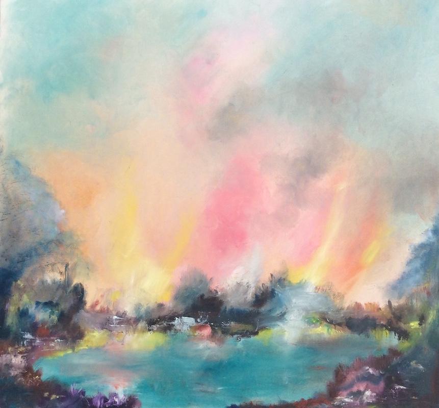 Diptyque du coucher de soleil au-dessus du lac et de la côte - Gris Abstract Painting par Rosemary Houghton