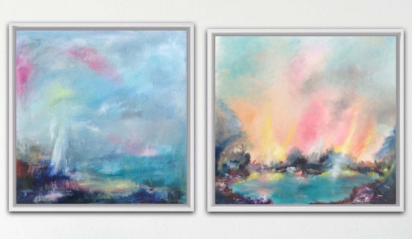 Rosemary Houghton Abstract Painting - Sunset over the lake and Coast Diptych
