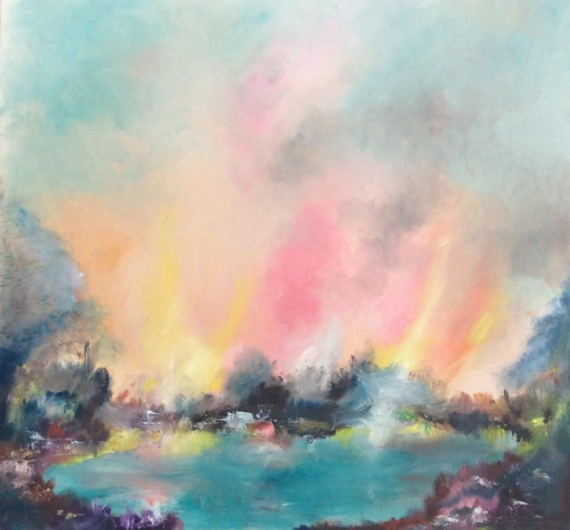 Jeune coucher de soleil au-dessus du lac, Rosemary Houghton, peinture de paysage abstrait originale