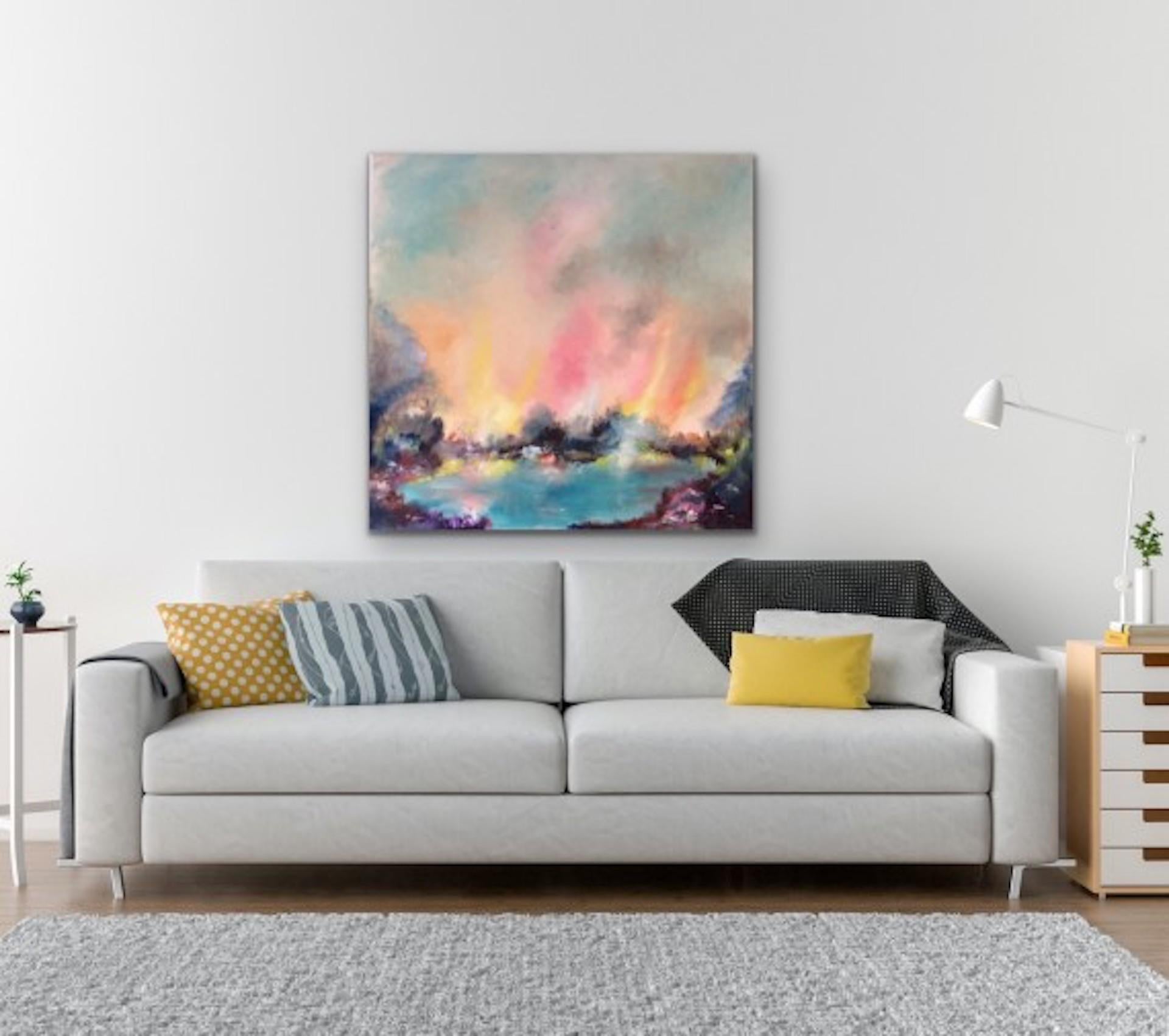 Tramonto sul lago, Rosemary Houghton, Pittura originale, Opera d'arte astratta in vendita 3