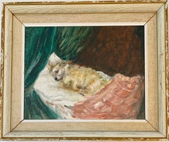 Retro 20th century English oil painting, terrier dog curled up on a bed