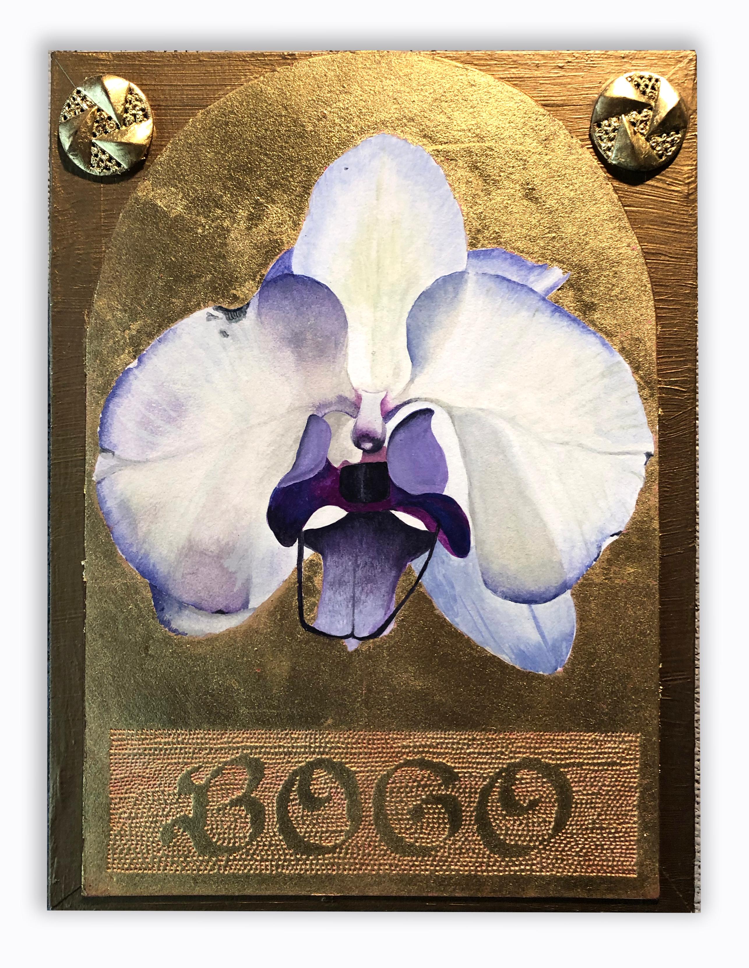 Contemporary mixed media gold leaf purple pop art text floral wall sculpture