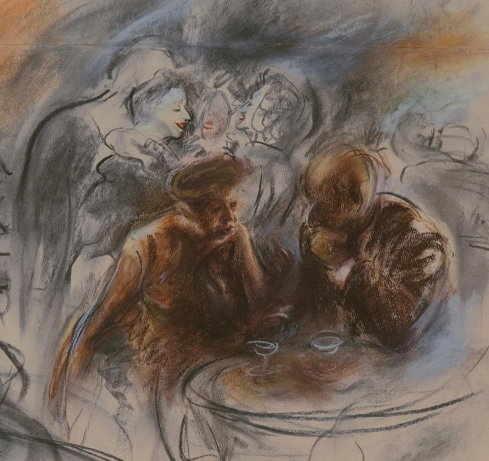 Almuerzo en el Club, Técnica mixta, Dibujo , Marco de archivo, Artista de Texas, Lindbergh en venta 1