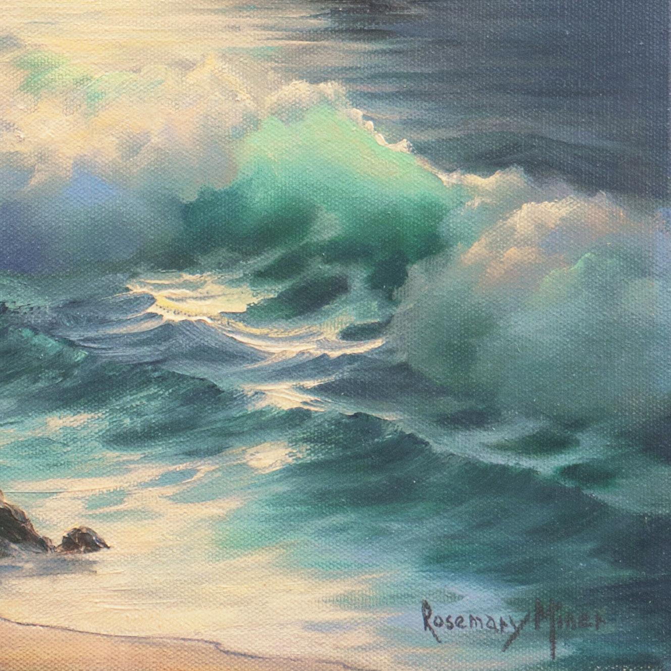 'California Evening, Golden Shore', Carmel, Long Beach, UCLA, Gallery Americana - Beige Landscape Painting by Rosemary Miner