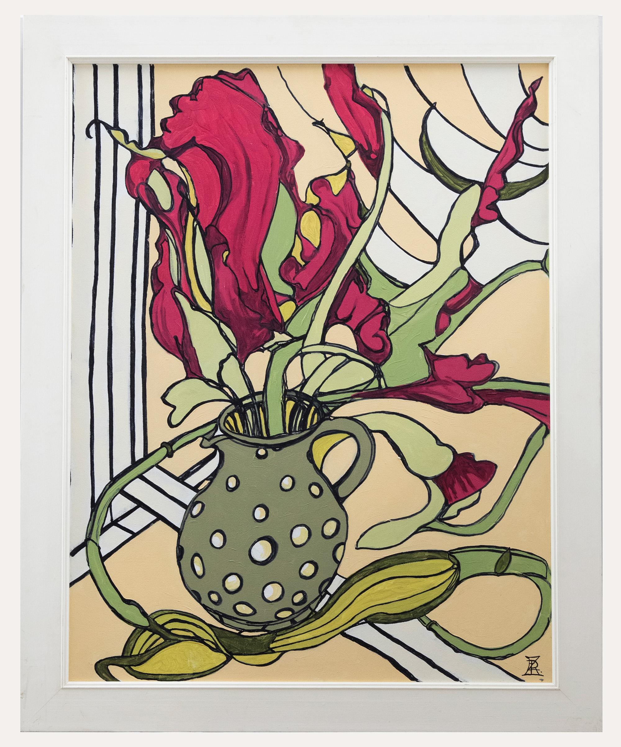 A colourful still life study of a spotted jug holding vibrant flowers. The artist places colour and pattern at the heart of the composition, creating dynamic shapes and forms to bring life to the composition. Signed to the lower right. Title