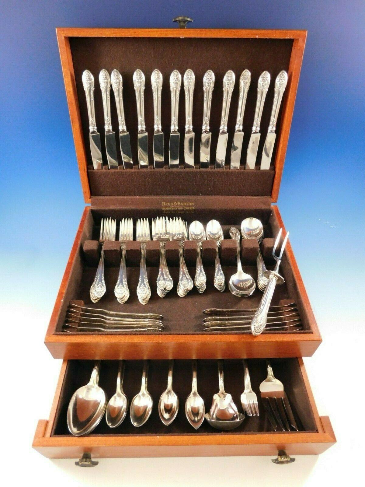 Huge Rosemont by Gorham Silverplate flatware set circa 1930 with rose motif - 114 pieces. This set includes:

12 knives, 8 3/4