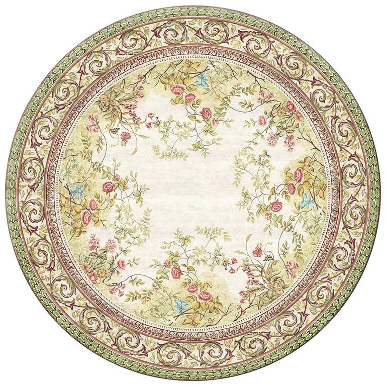 Rosemont Circle - Floral Traditional Hand Knotted Silk Rug For Sale