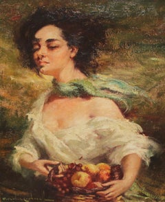 Joven con cesta de frutos - Óleo sobre tela - Años 70