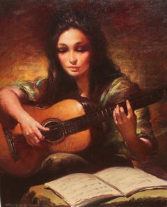 Mujer con guitarra - Óleo sobre tela - Años 70