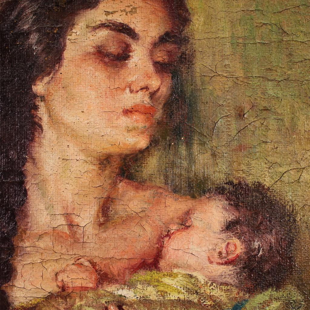 20. Jahrhundert Öl auf Leinwand Spanisch signiert Malerei Mutterschaft, 1950 im Angebot 7