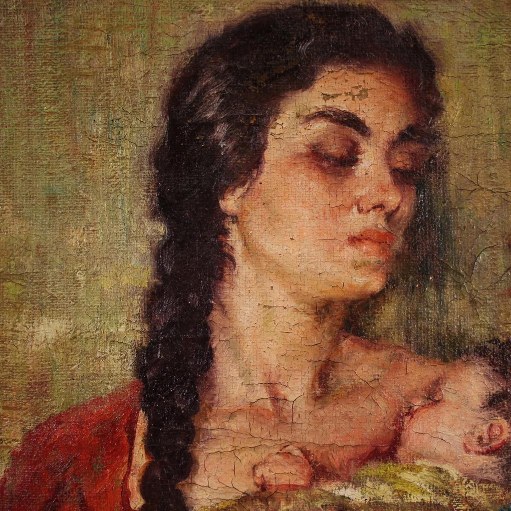 20. Jahrhundert Öl auf Leinwand Spanisch signiert Malerei Mutterschaft, 1950 im Angebot 11