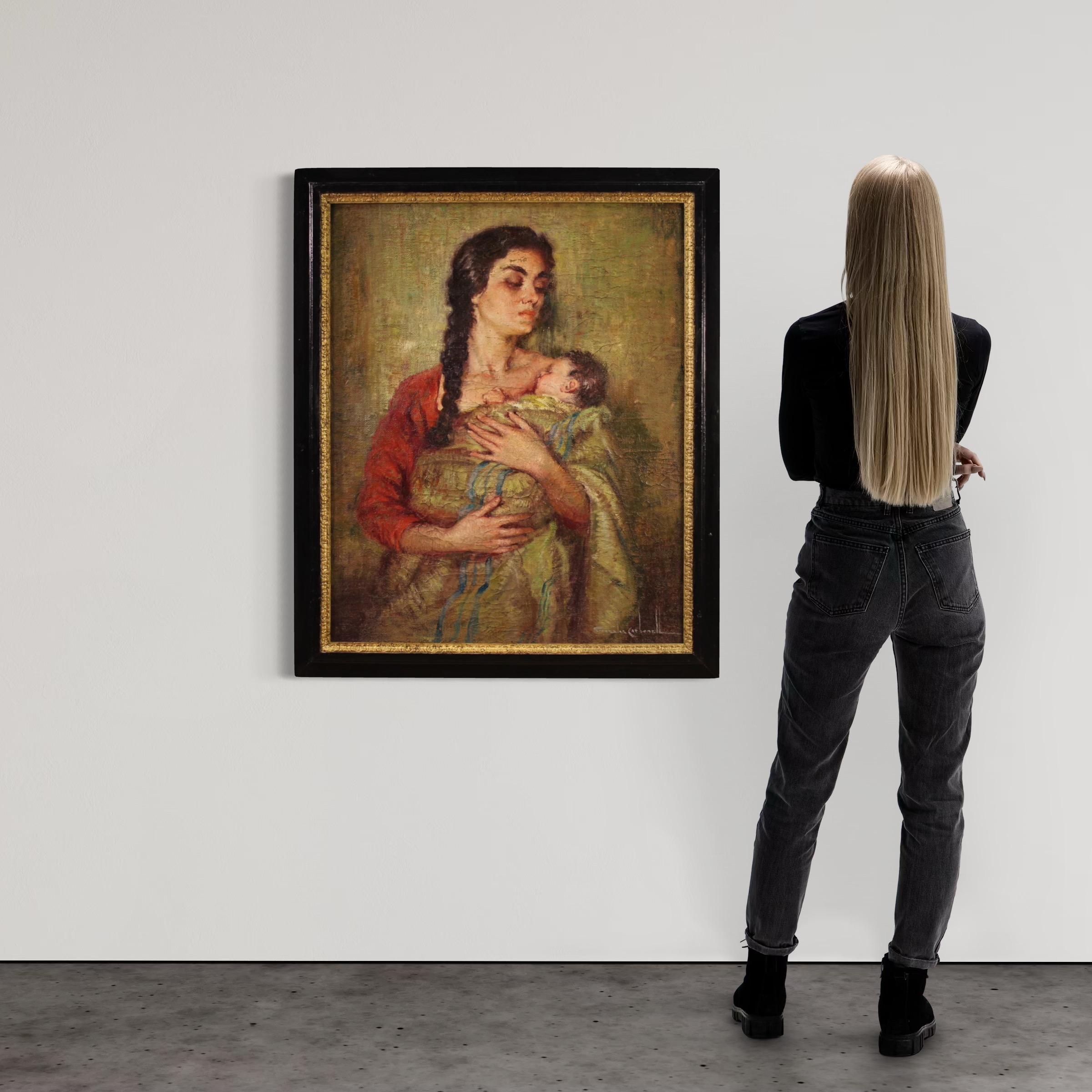 20. Jahrhundert Öl auf Leinwand Spanisch signiert Malerei Mutterschaft, 1950 (Black), Interior Painting, von Rosendo Gonzalez Carbonell