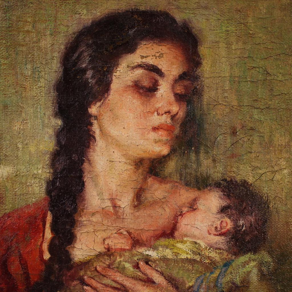 20. Jahrhundert Öl auf Leinwand Spanisch signiert Malerei Mutterschaft, 1950 im Angebot 2