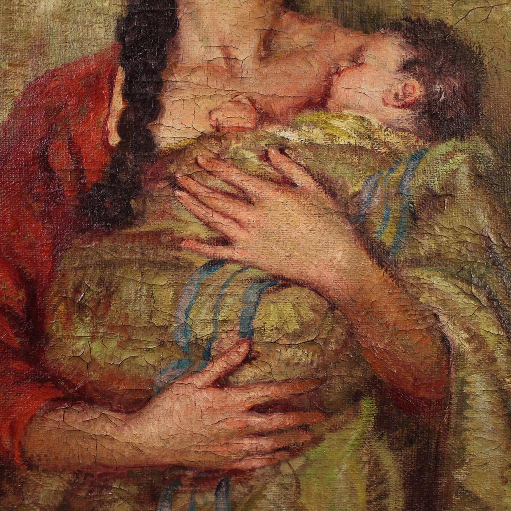 20. Jahrhundert Öl auf Leinwand Spanisch signiert Malerei Mutterschaft, 1950 im Angebot 4