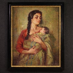 20th Century Oil on Canvas Spanish Signed Painting Maternity, 1950s