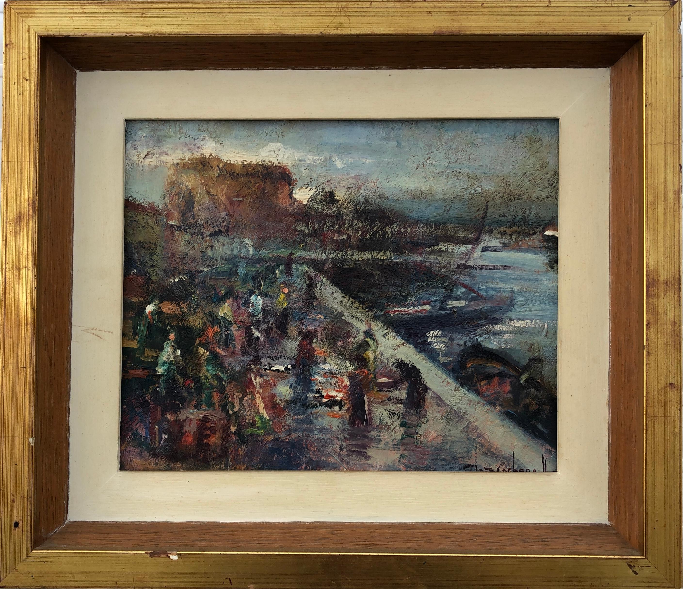 Vida junto al muelle España Paisaje español pintura al óleo sobre tabla - Painting de Rosendo Gonzalez Carbonell