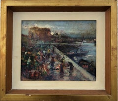 Life by the Pier Spain Spanish landscape oil on board painting
