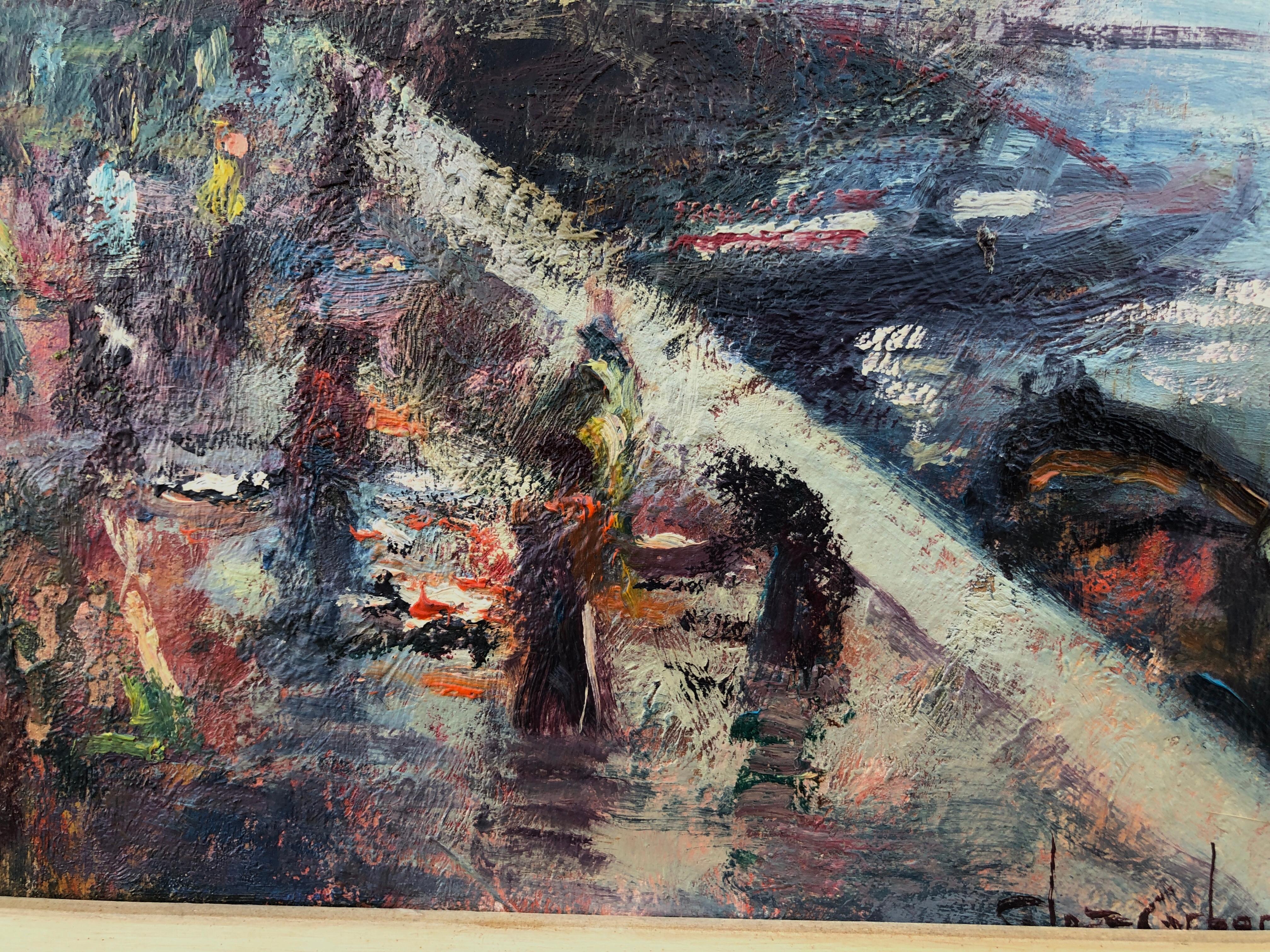 Vida junto al muelle España Paisaje español pintura al óleo sobre tabla - Figurative Painting Negro de Rosendo Gonzalez Carbonell
