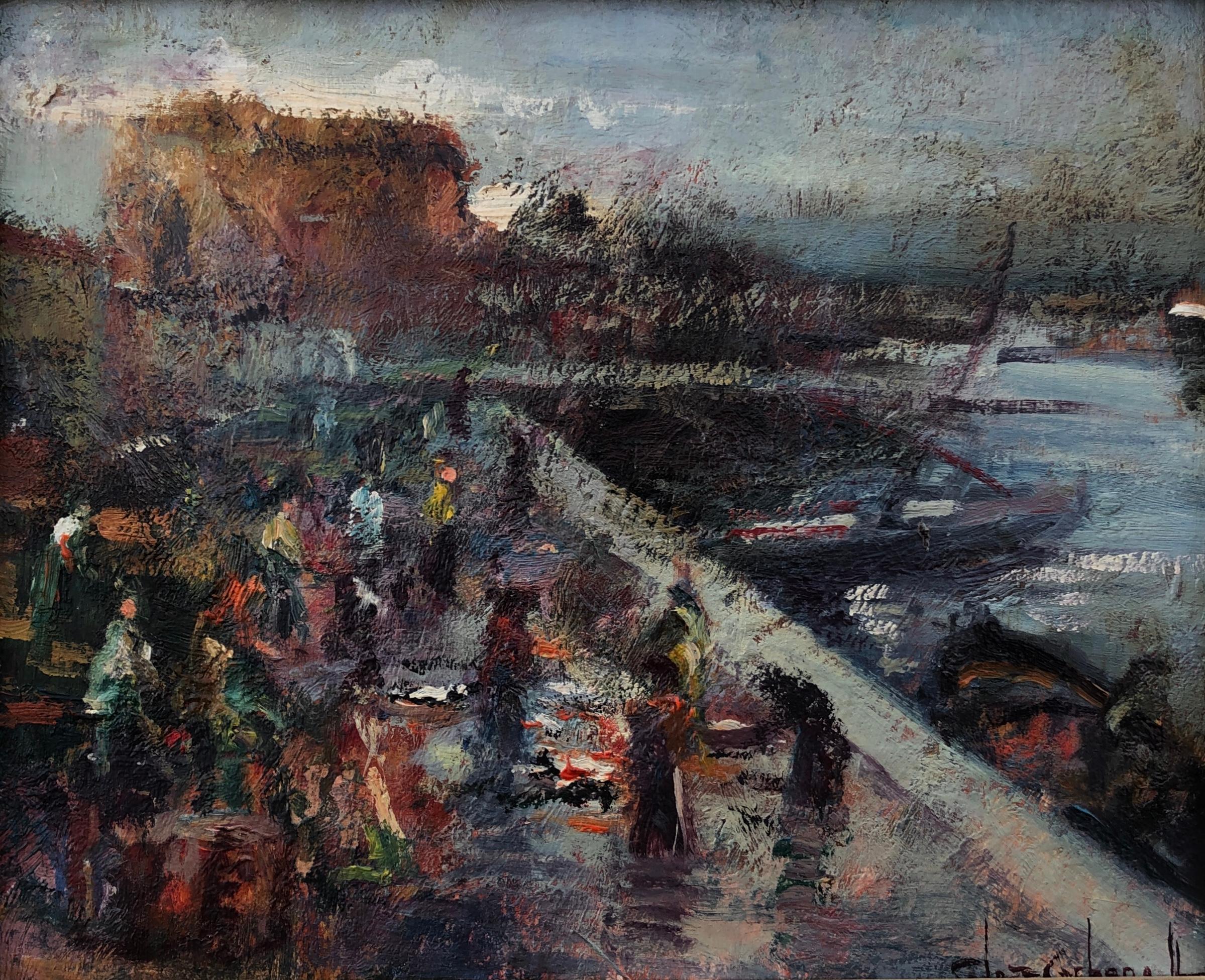 Vida junto al muelle España Paisaje español pintura al óleo sobre tabla