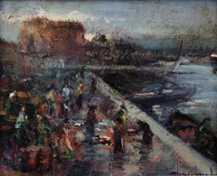 Life by the Pier Spain Spanish landscape oil on board painting