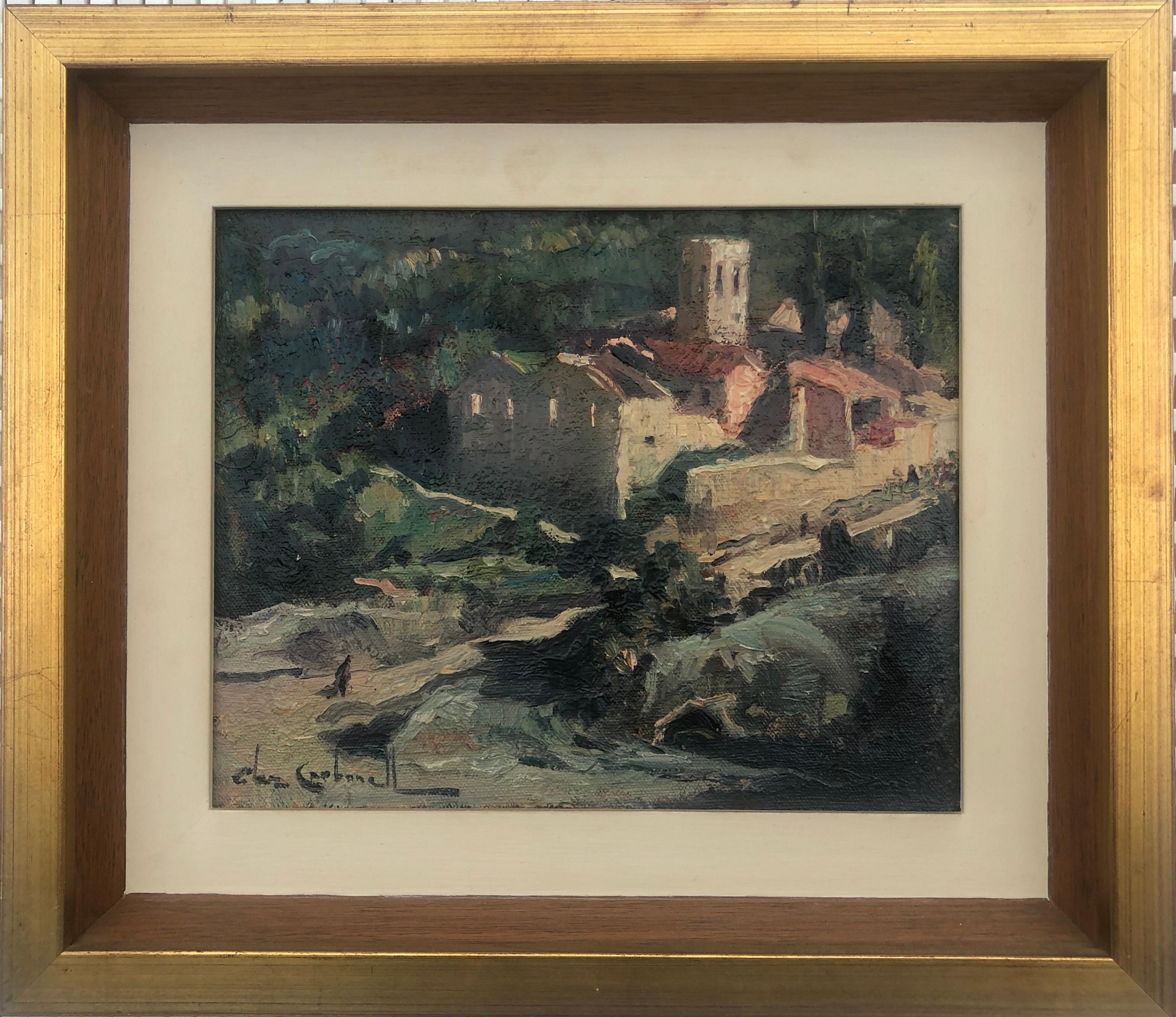 Spanish landscape oil on board painting Santa Creu D'Olorda - Painting by Rosendo Gonzalez Carbonell