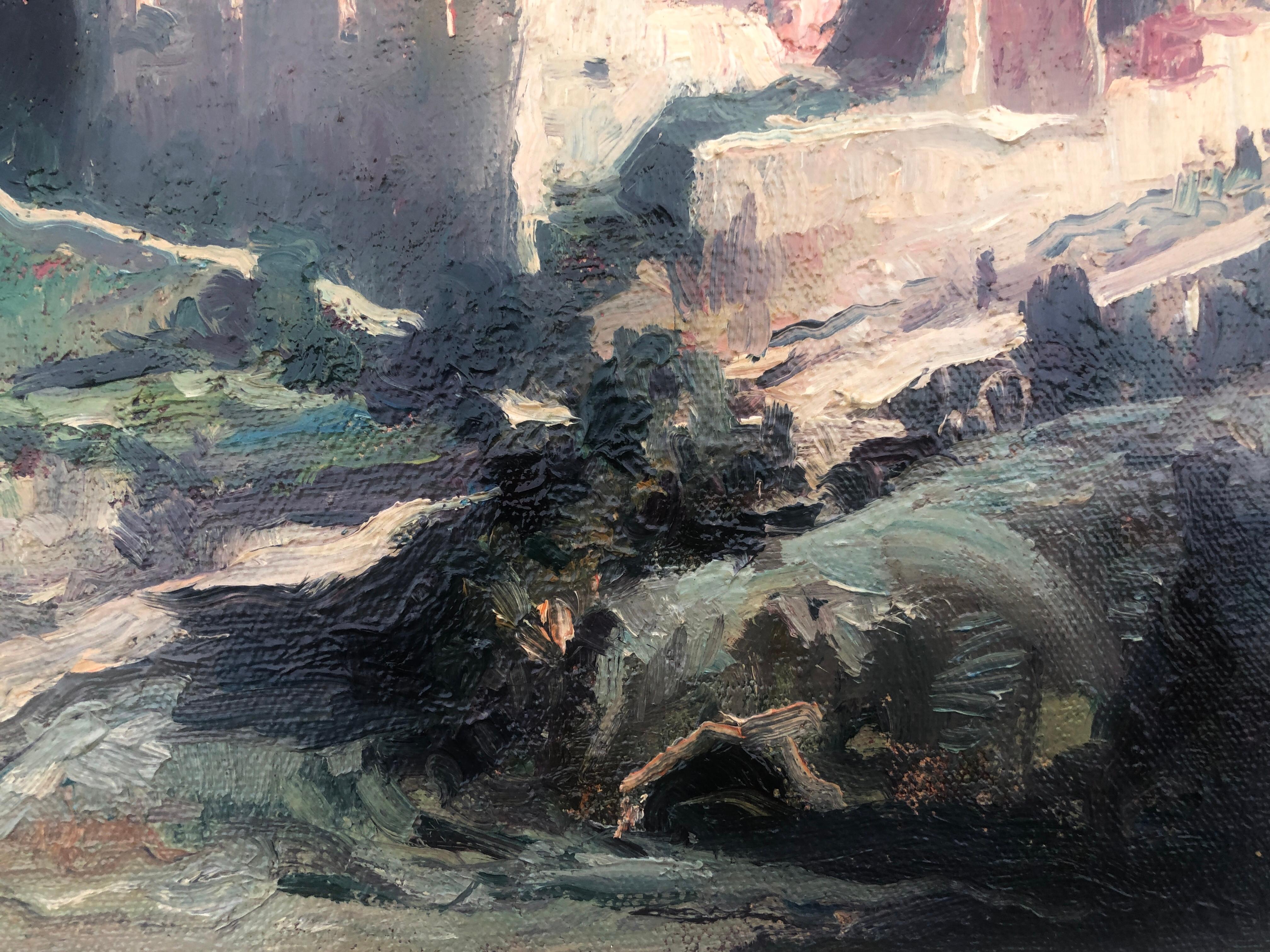 Spanish landscape oil on board painting Santa Creu D'Olorda For Sale 1