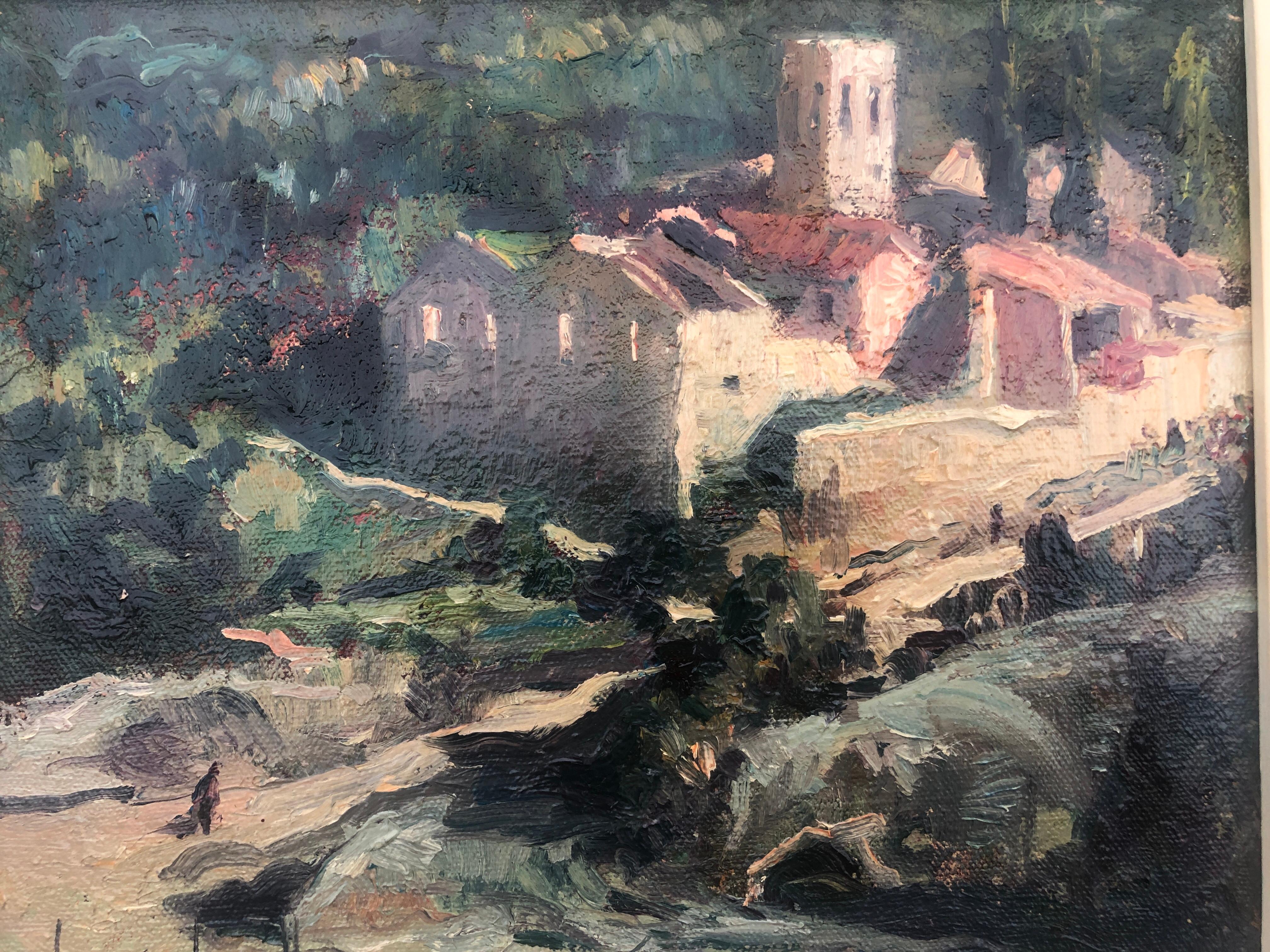 Spanish landscape oil on board painting Santa Creu D'Olorda For Sale 2
