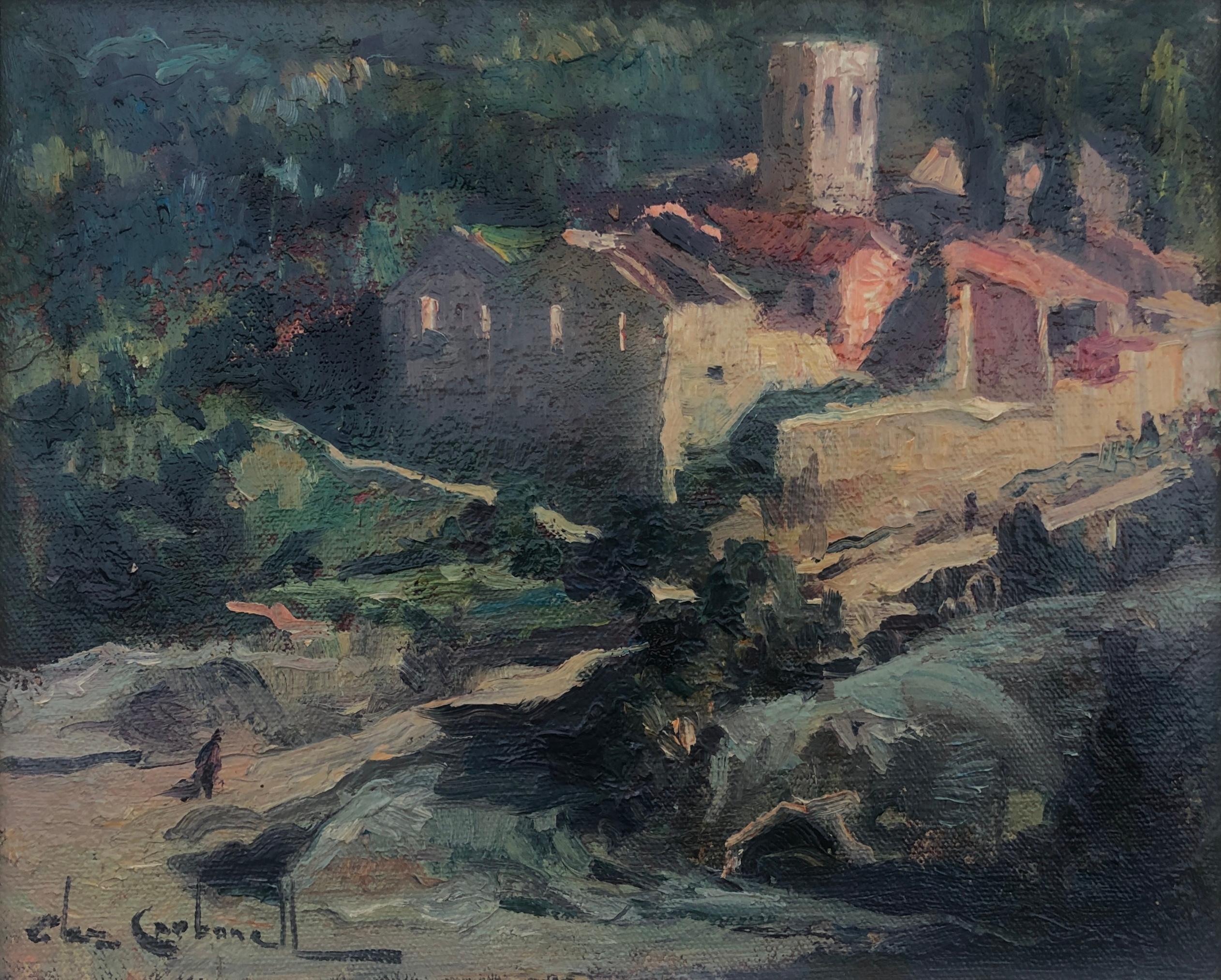 Spanish landscape oil on board painting Santa Creu D'Olorda