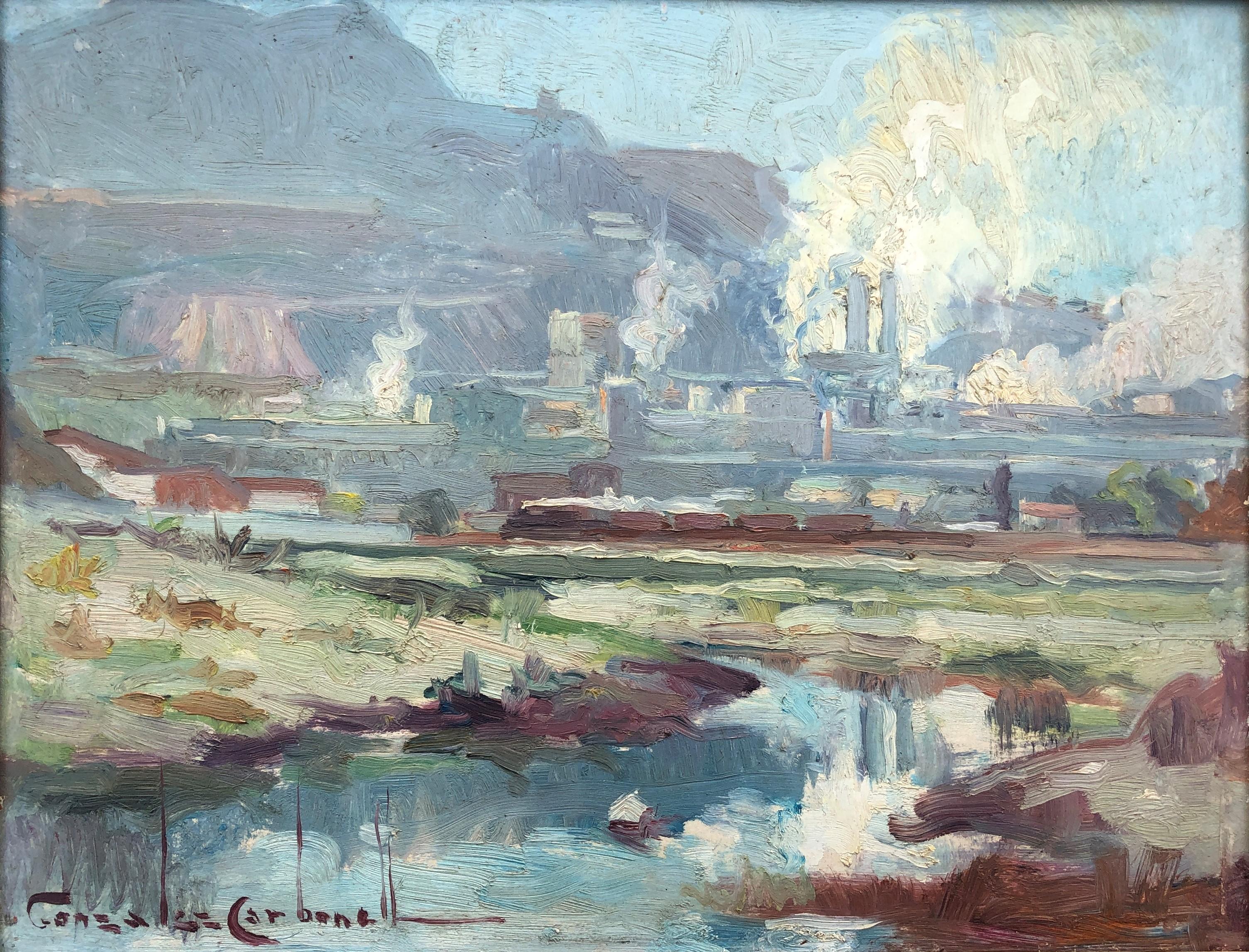 Landscape Painting de Rosendo Gonzalez Carbonell - Paisaje fluvial español pintura al óleo sobre tabla