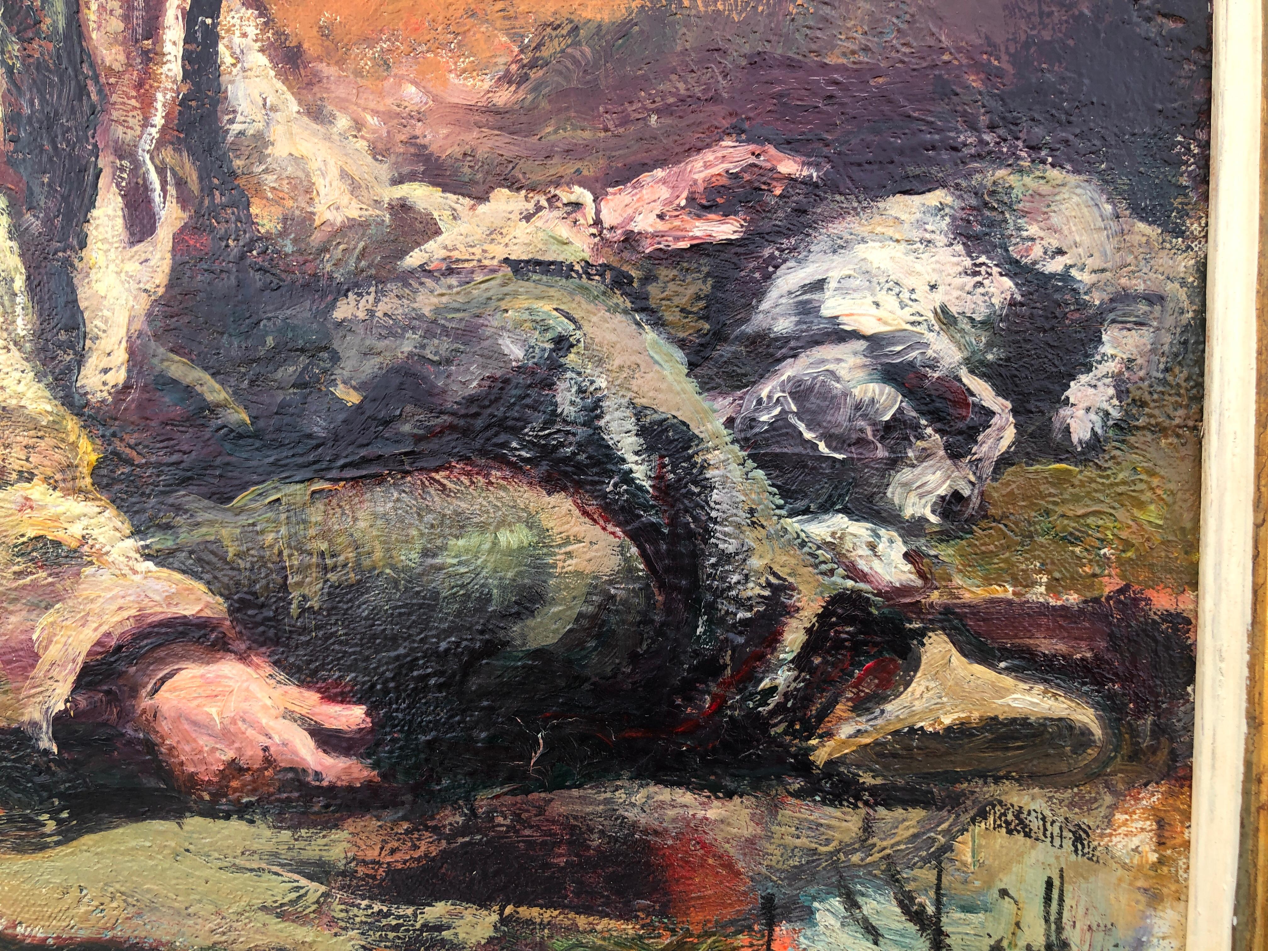 The Vagabond and His Dog Öl auf Karton Gemälde (Schwarz), Figurative Painting, von Rosendo Gonzalez Carbonell