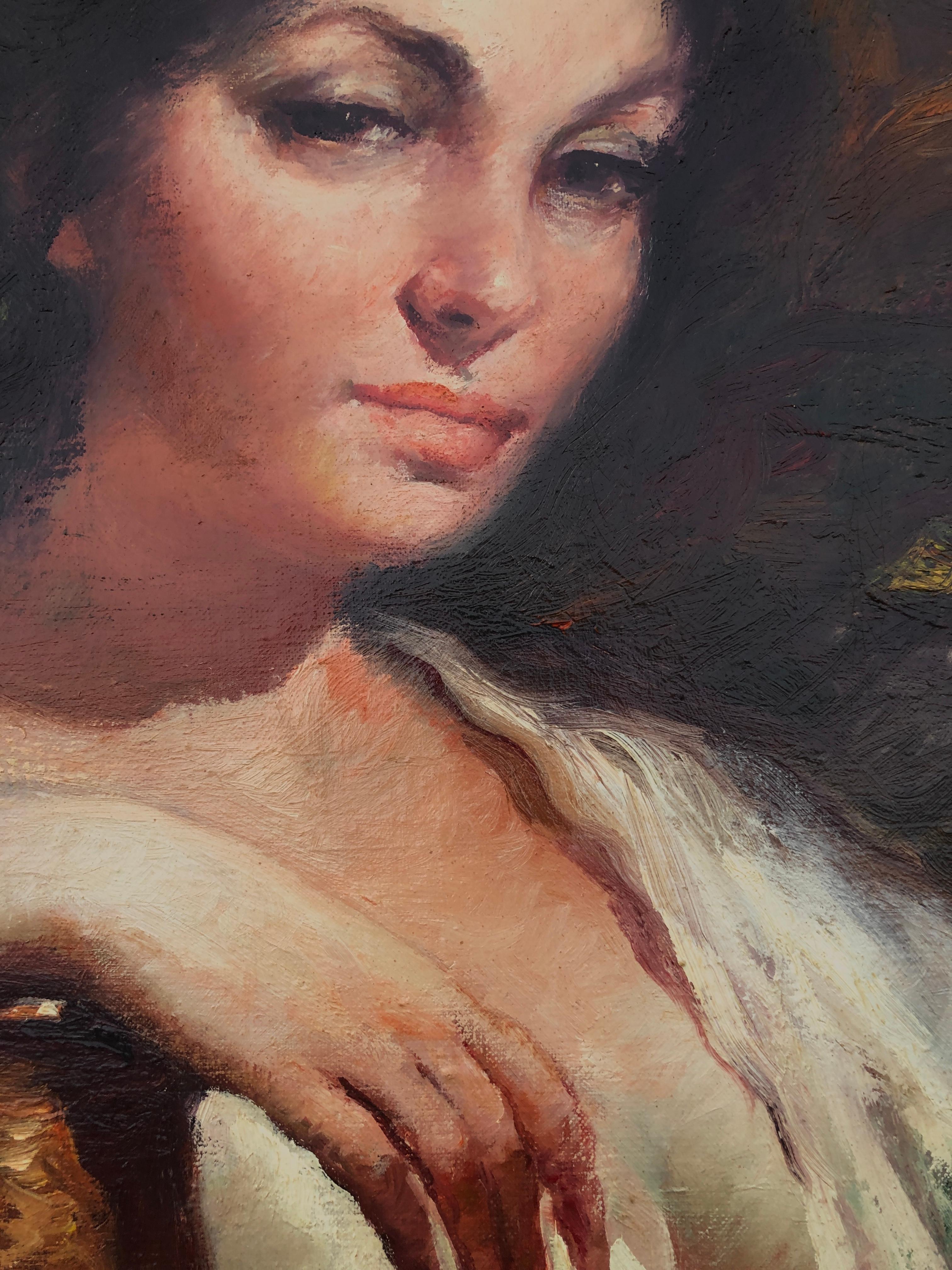 Donna in posa dipinto ad olio su tela - Portrait Painting Nero di Rosendo Gonzalez Carbonell