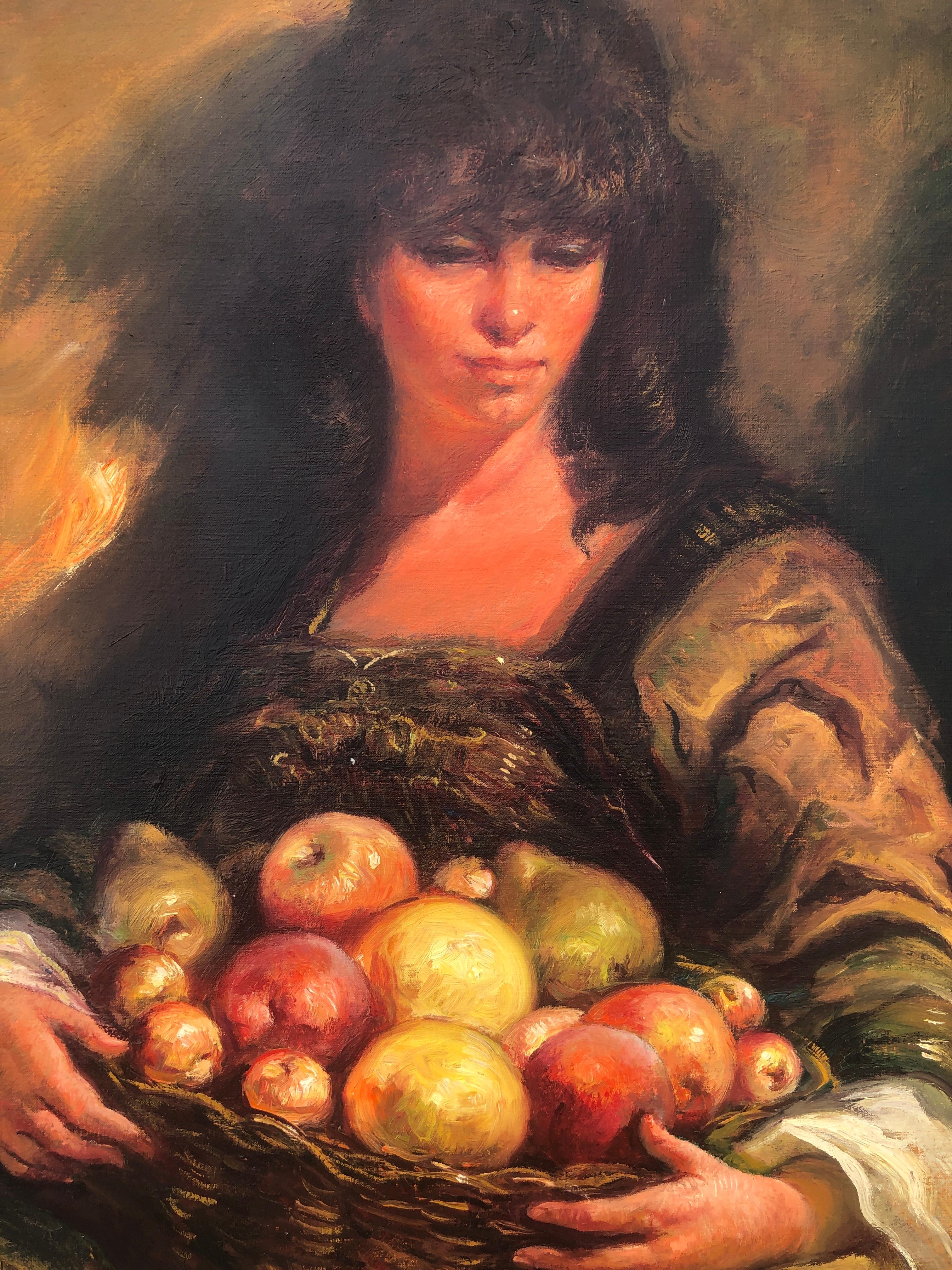 Mujer vendiendo fruta óleo sobre lienzo pintura arte europeo en venta 2