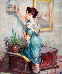 Young Woman with Birdcage, Oil on Board by Rosendo González Carbonell