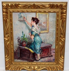 Young Woman with Birdcage, Oil on Board by Rosendo González Carbonell