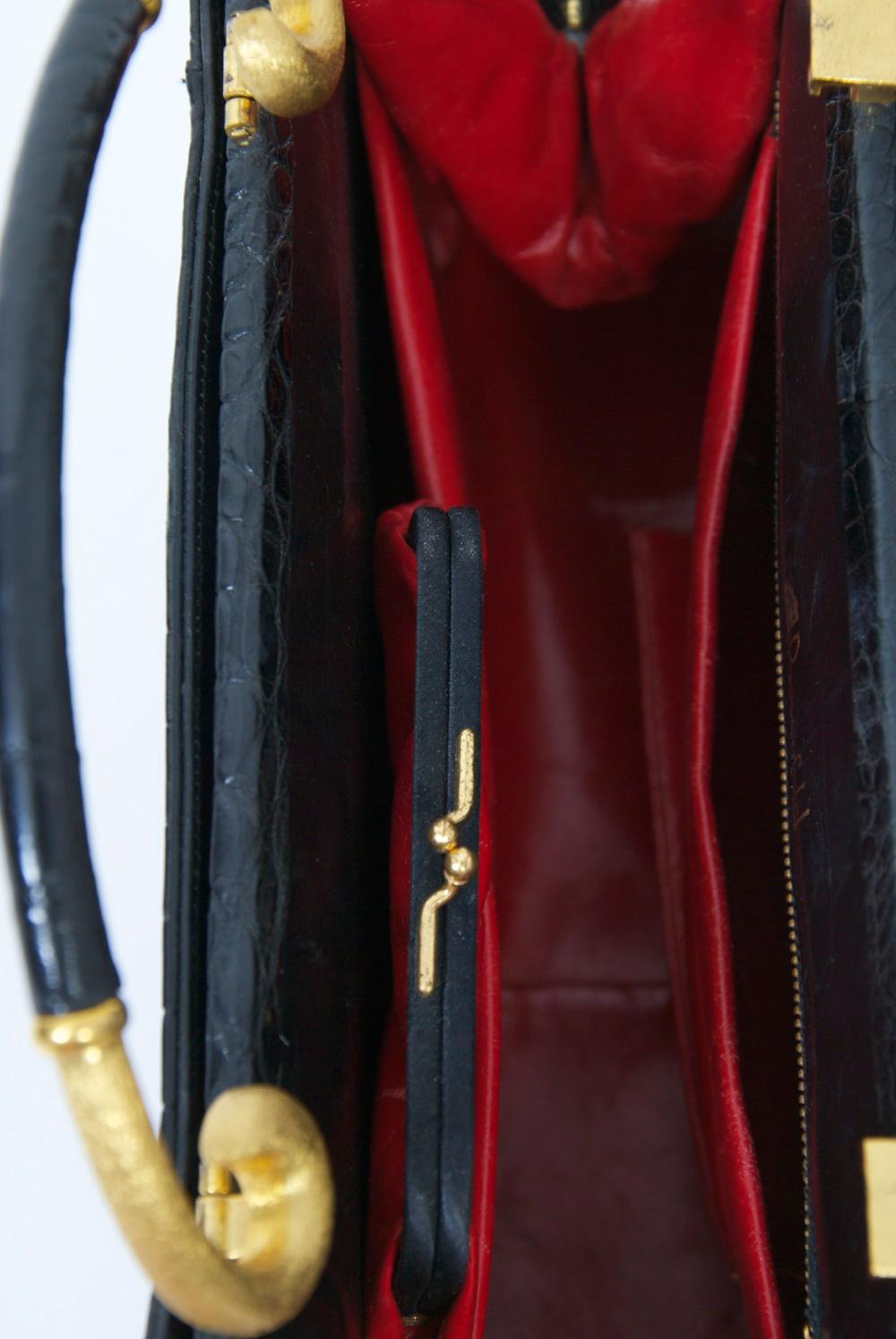 Rosenfeld 1960s Black Faux Alligator Handbag For Sale 1