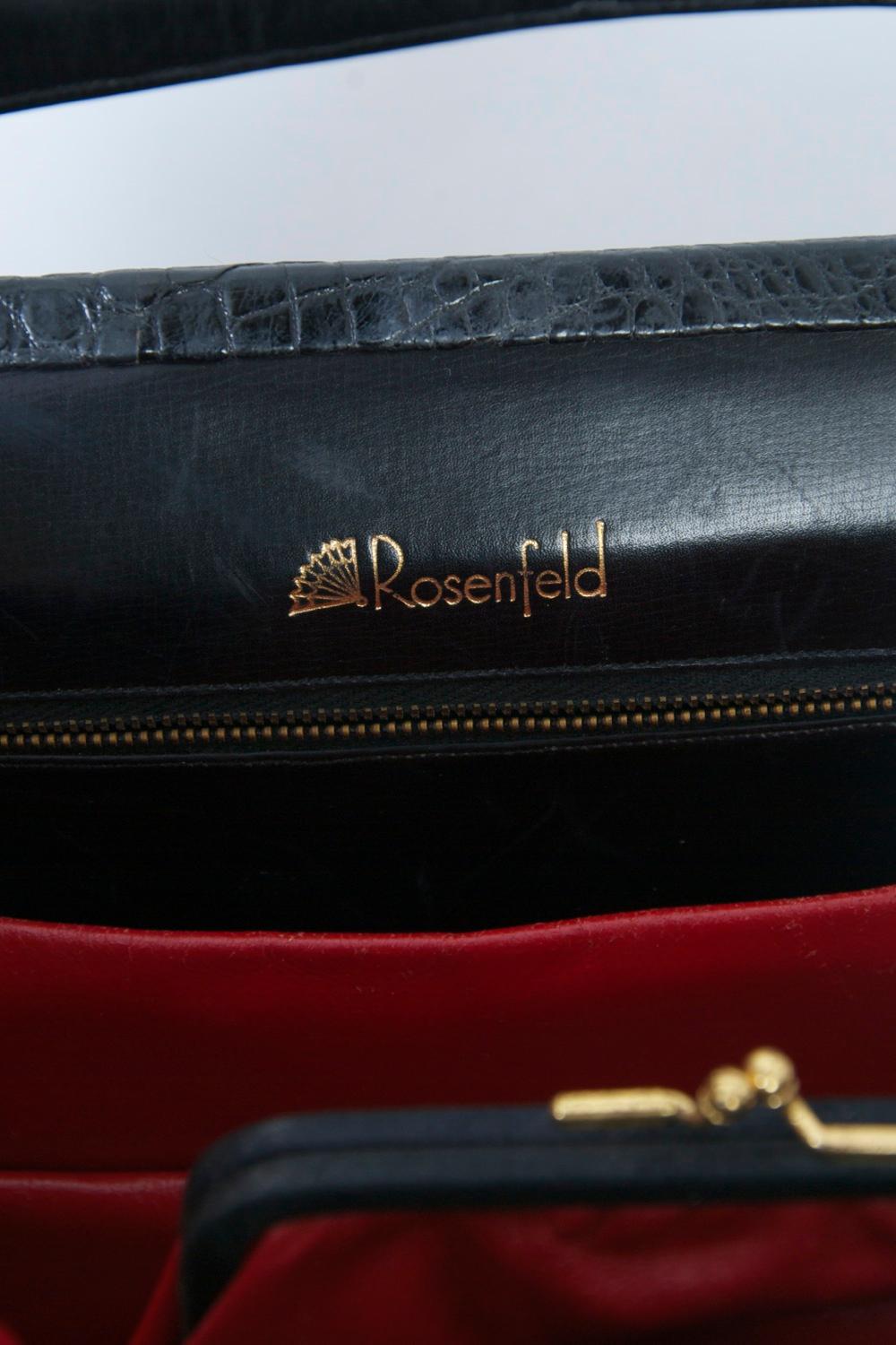 Rosenfeld 1960er Schwarze Handtasche aus Kunstalligatorleder im Angebot 5