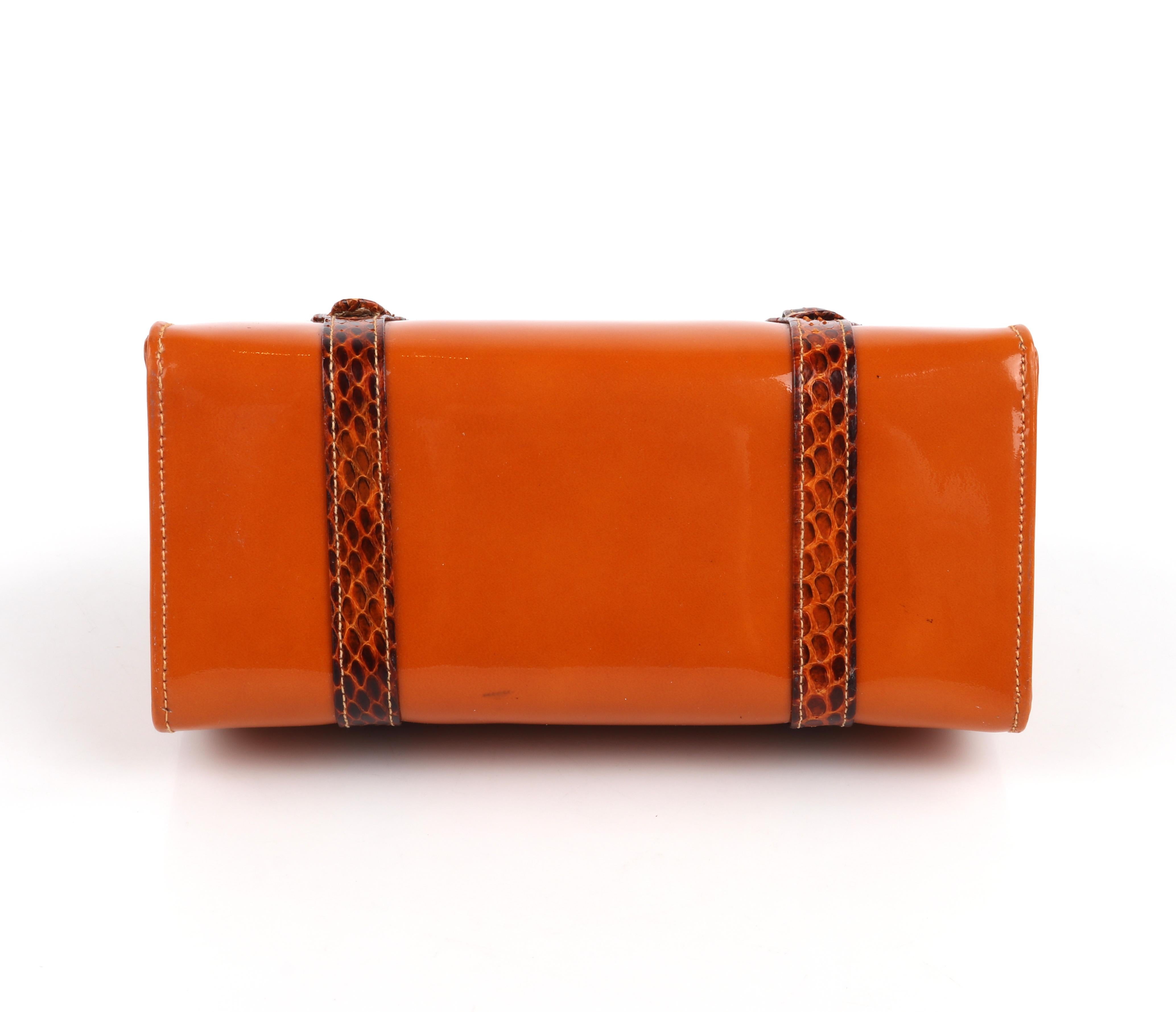 Rosenfeld c.1960's Vtg Orange Patent Leather Snakeskin Small Structured Handbag 6