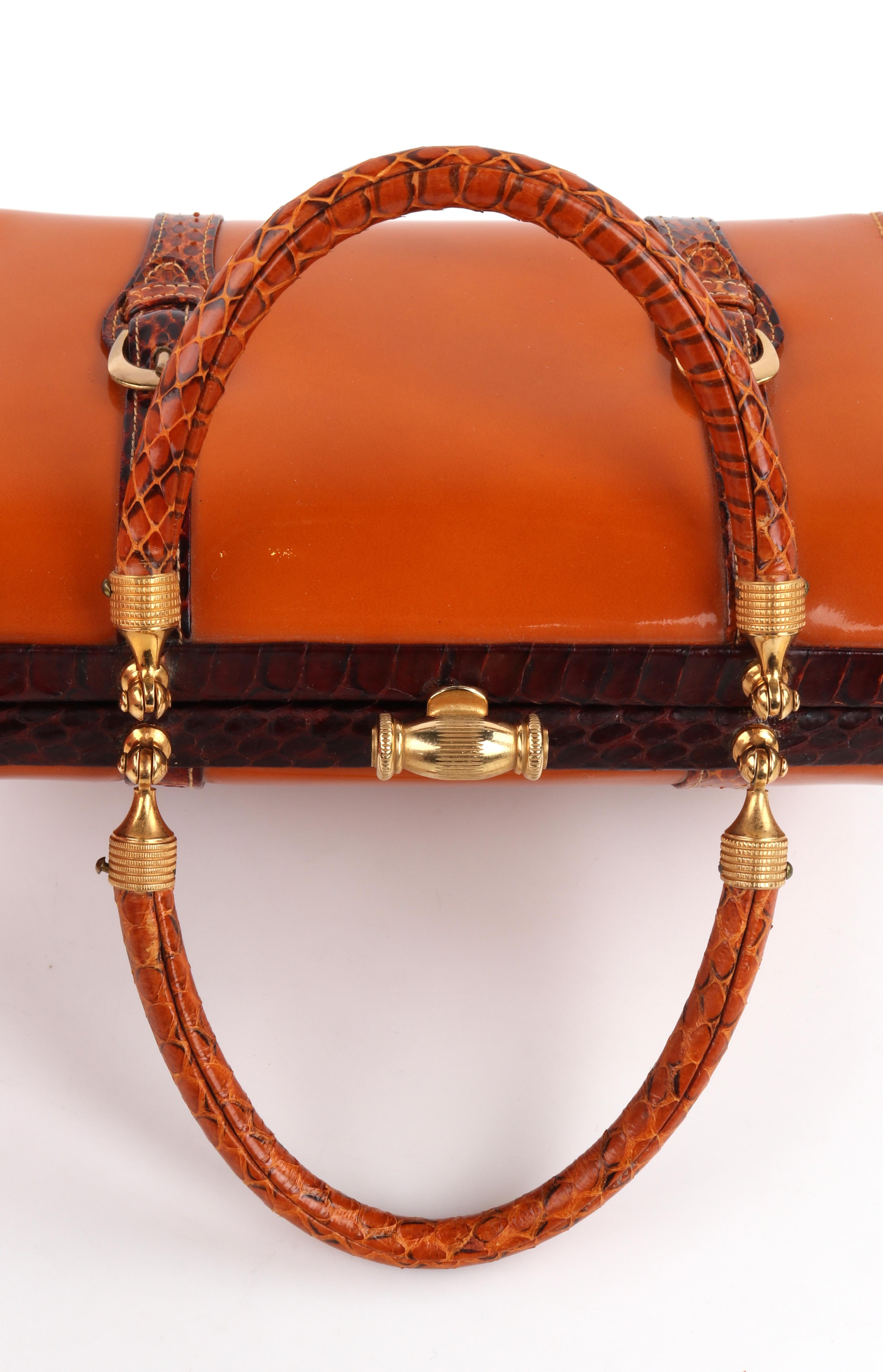 Rosenfeld c.1960's Vtg Orange Patent Leather Snakeskin Small Structured Handbag 7