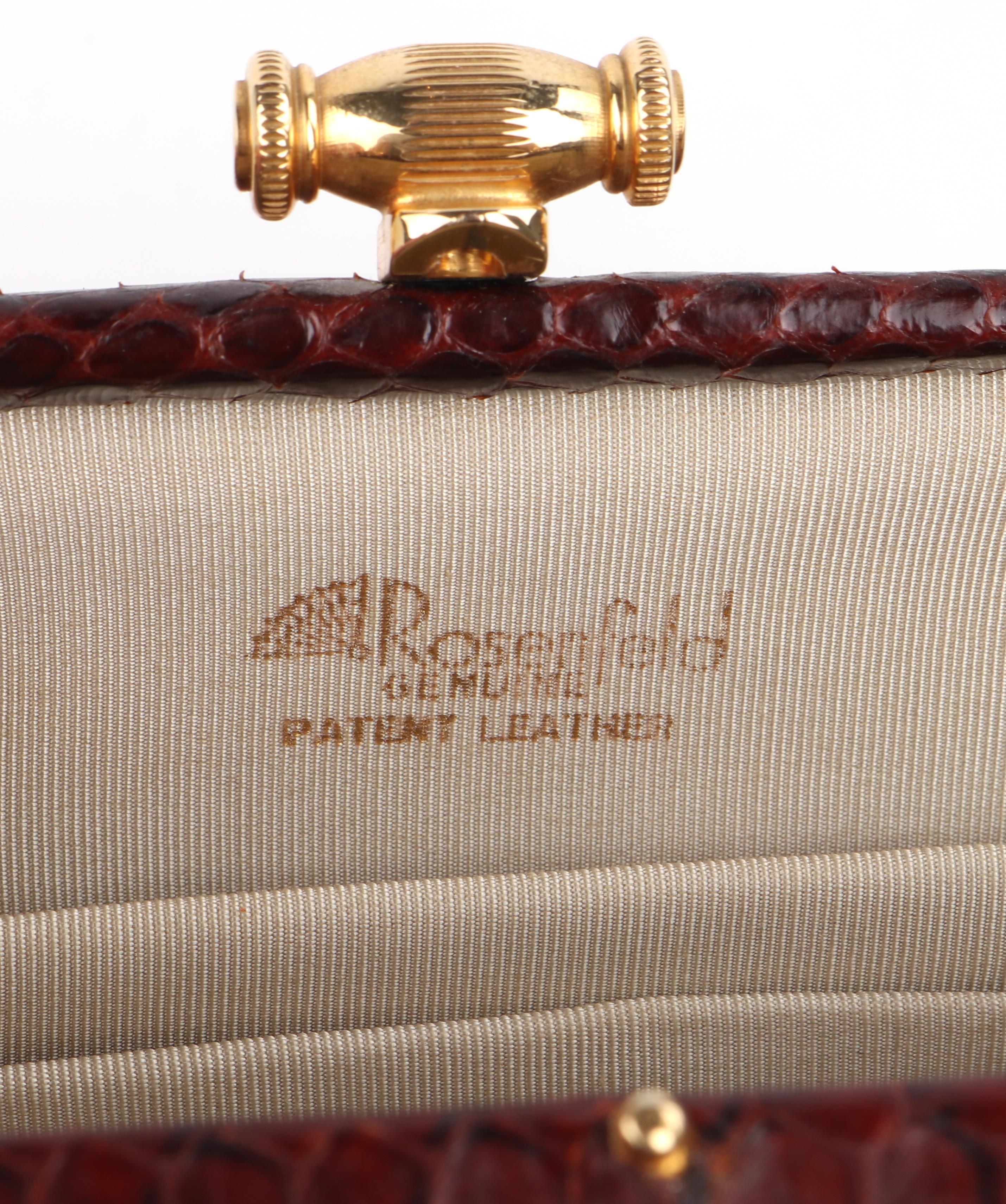 Rosenfeld c.1960's Vtg Orange Patent Leather Snakeskin Small Structured Handbag 10
