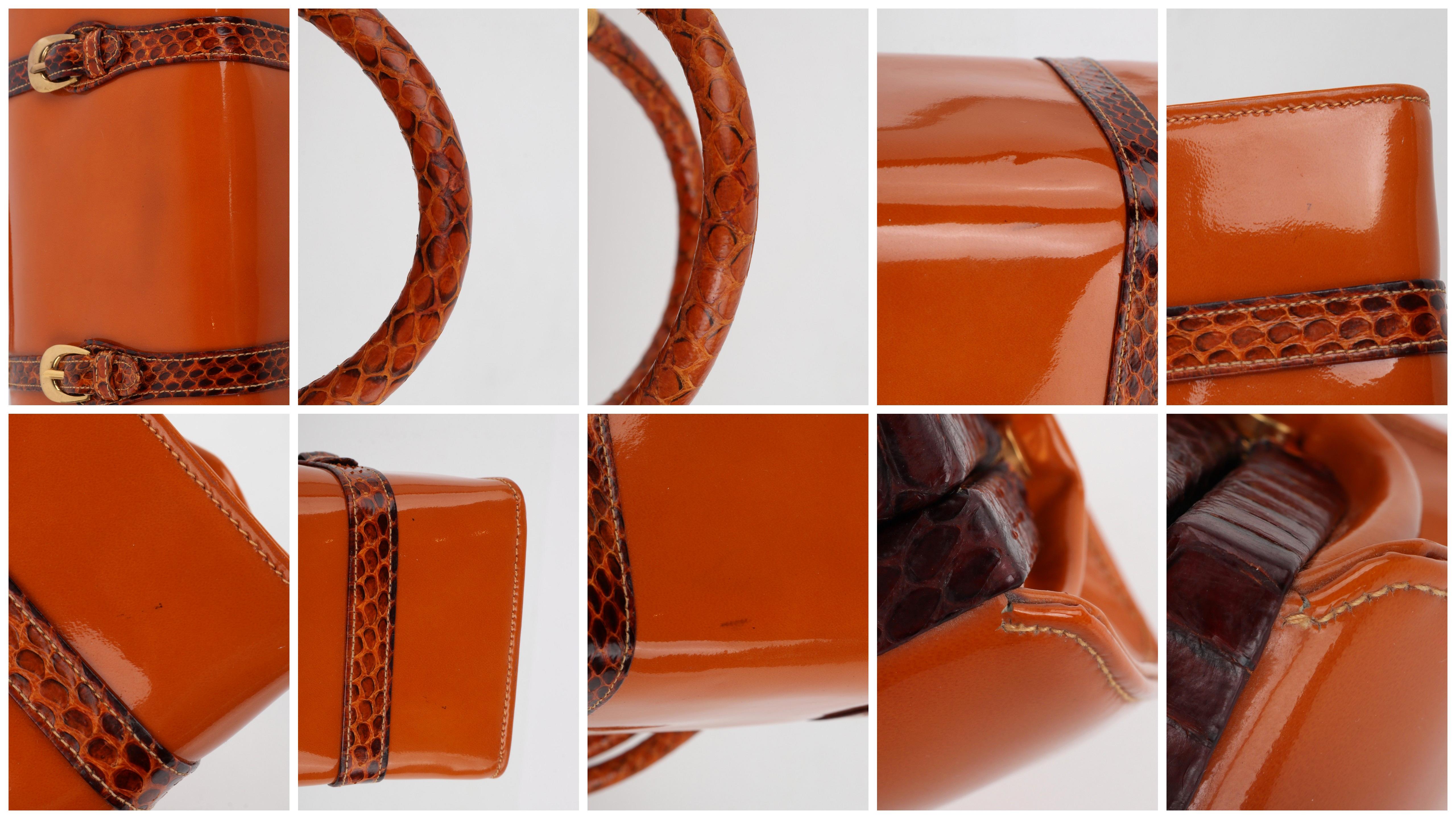 Rosenfeld c.1960's Vtg Orange Patent Leather Snakeskin Small Structured Handbag 11