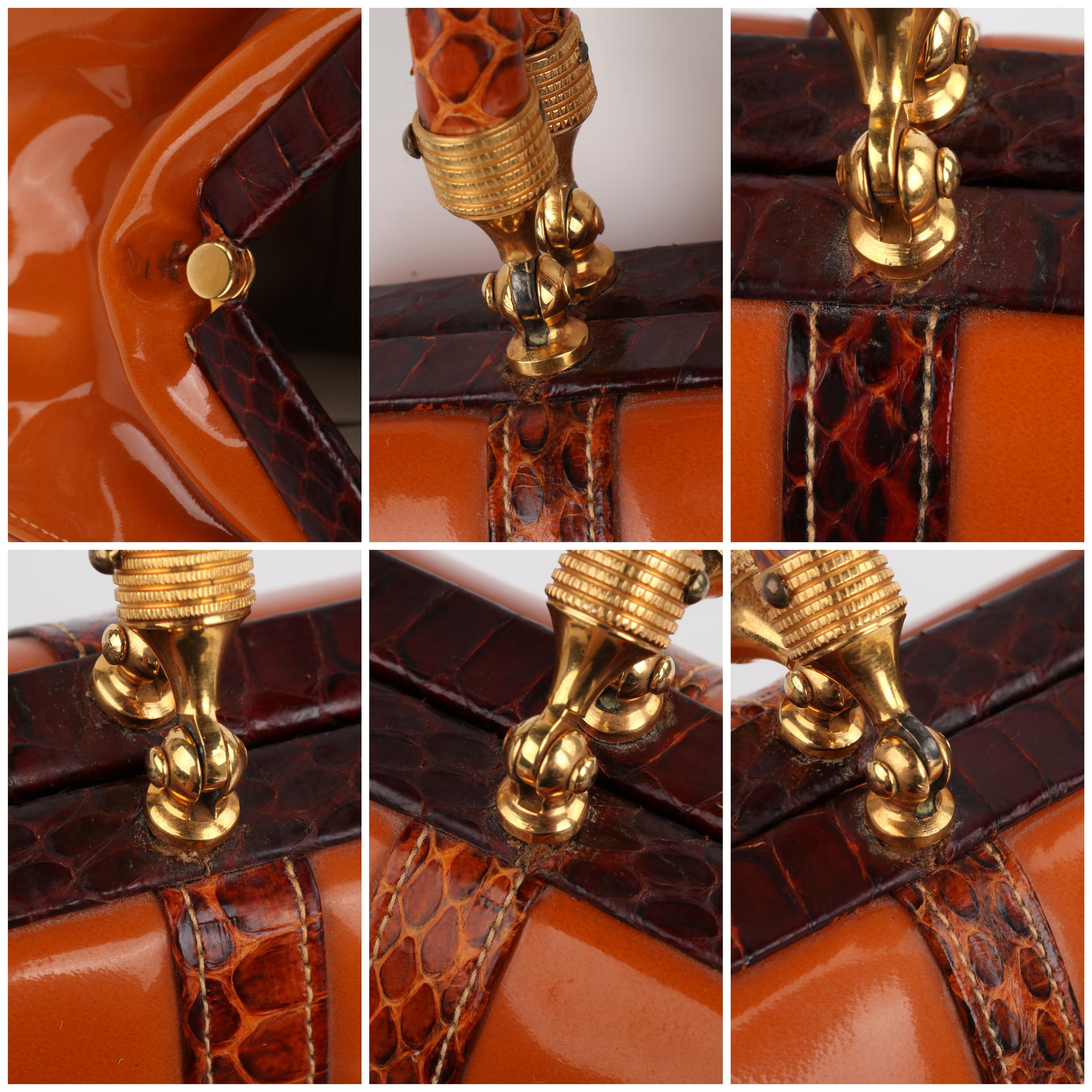 Rosenfeld c.1960's Vtg Orange Patent Leather Snakeskin Small Structured Handbag 12